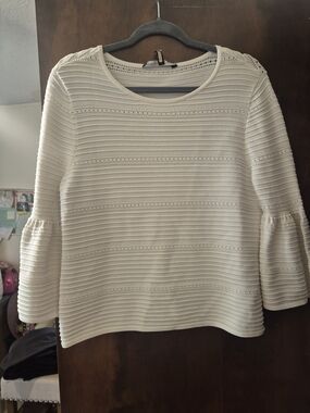 White House Black Market Cream Ribbed Eyelet Bell-Sleeve Top